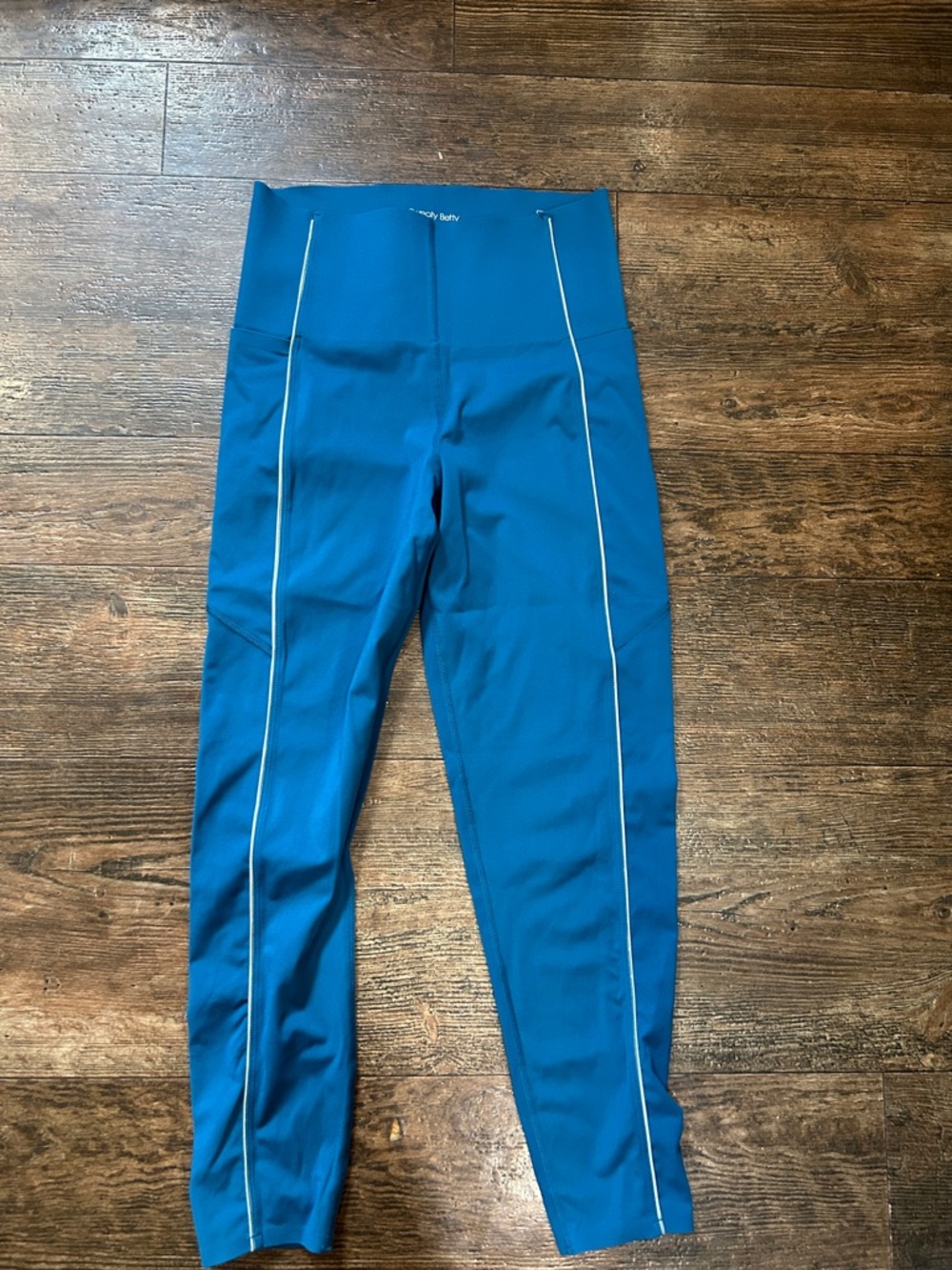 Sweaty Betty Teal Blue High-Waist Leggings with White Piping EUC